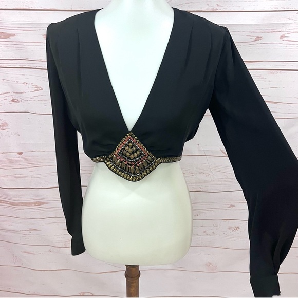 Bebe Boho Long Puffy Sleeved Black Beaded Embellished Crop Top - Picture 5 of 13